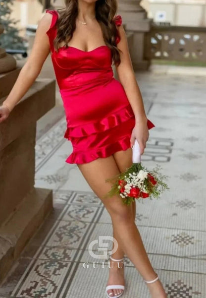 Cute Satin Ruffle Mini Homecoming Dress with Sweetheart Neckline