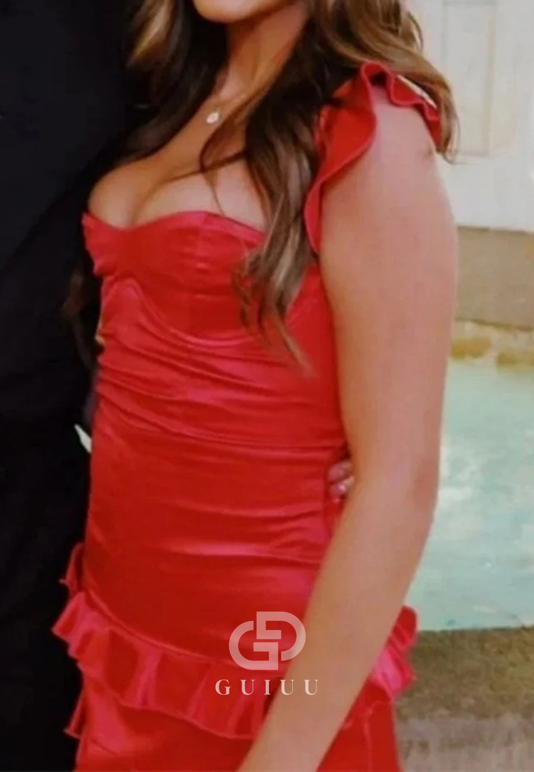 Cute Satin Ruffle Mini Homecoming Dress with Sweetheart Neckline