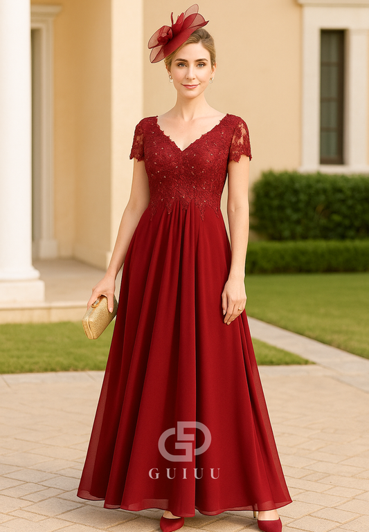Red Short Sleeves V-Neck A-Line Chiffon Mother of the Bride Dress