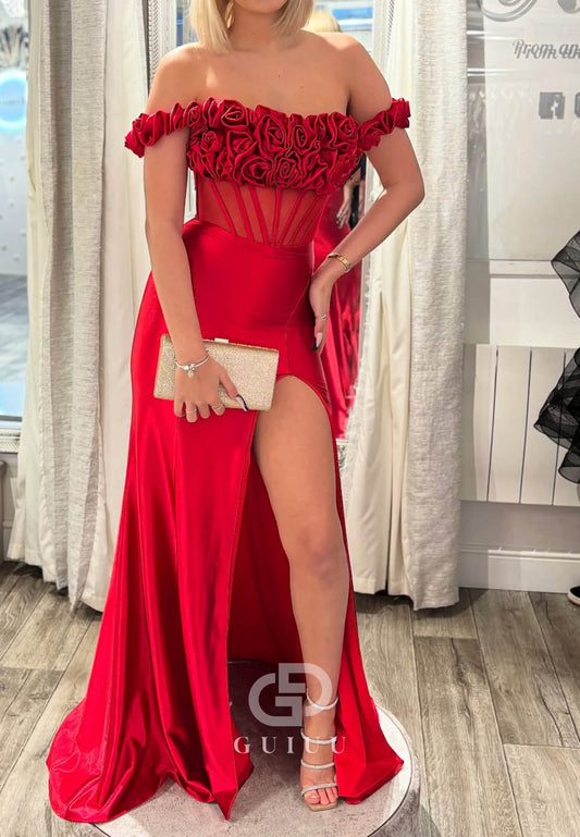 Red Sleeveless Off-Shoulder Slit Corset Tulle Ruched Prom Dress