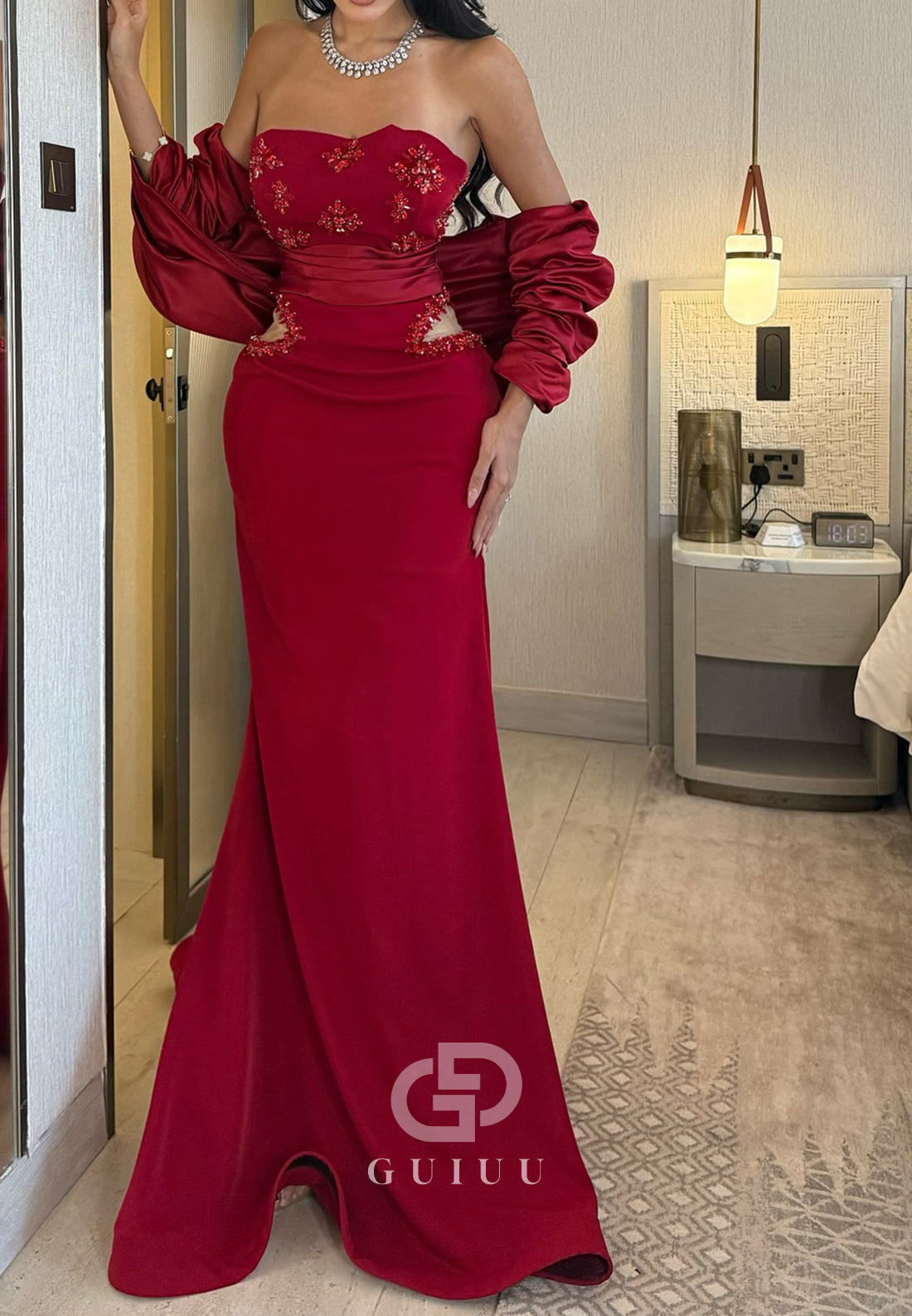 Red Sleeveless Strapless Beads Mermaid Evening Dress