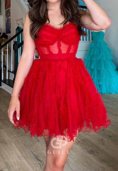 Red Sleeveless Strapless Corset Short Homecoming Dress