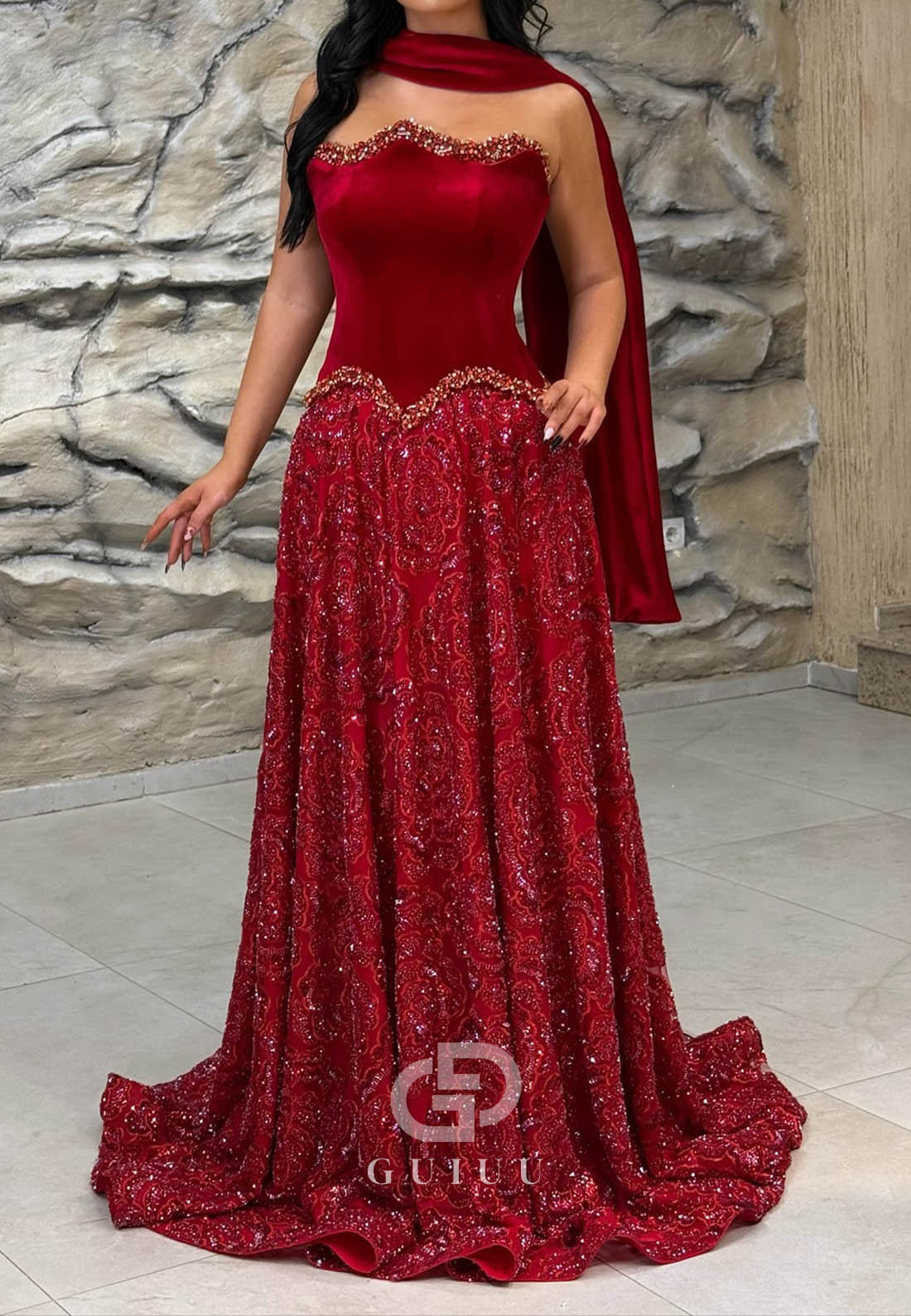 Red Sleeveless Strapless Empire-Waist A-Line Prom Dress