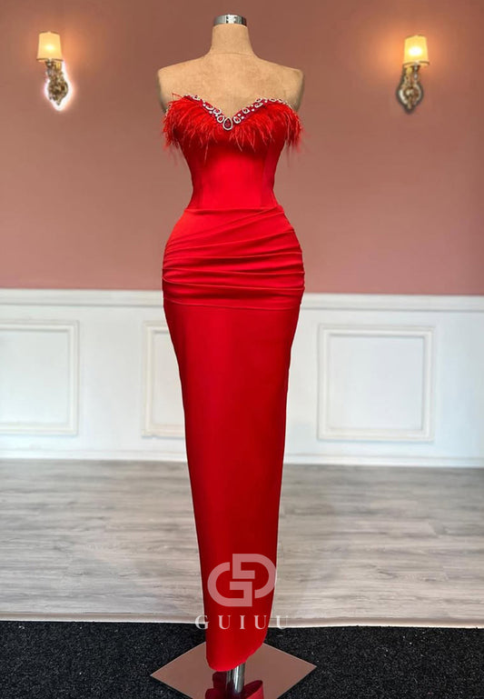 Red Sleeveless Strapless Prom Dress With Pleats Ruched Evening Party Dress