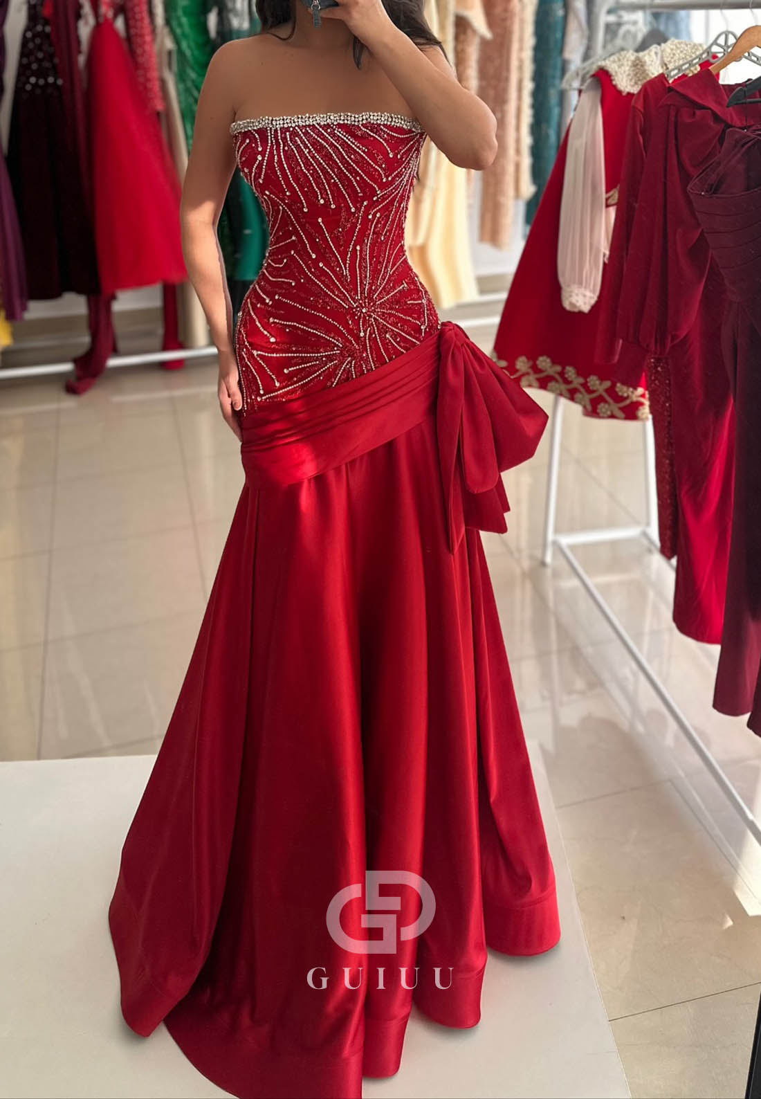 Red Sleeveless Strapless Sequins Mermaid Prom Dress