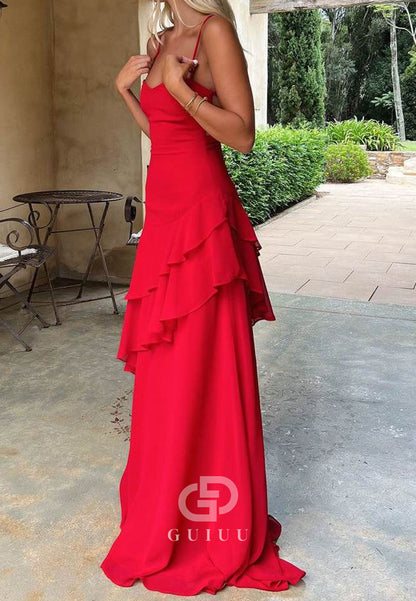 Red Spaghetti Straps Ruffles Sleeveless Lace-Up Long Prom Dress