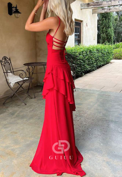 Red Spaghetti Straps Ruffles Sleeveless Lace-Up Long Prom Dress