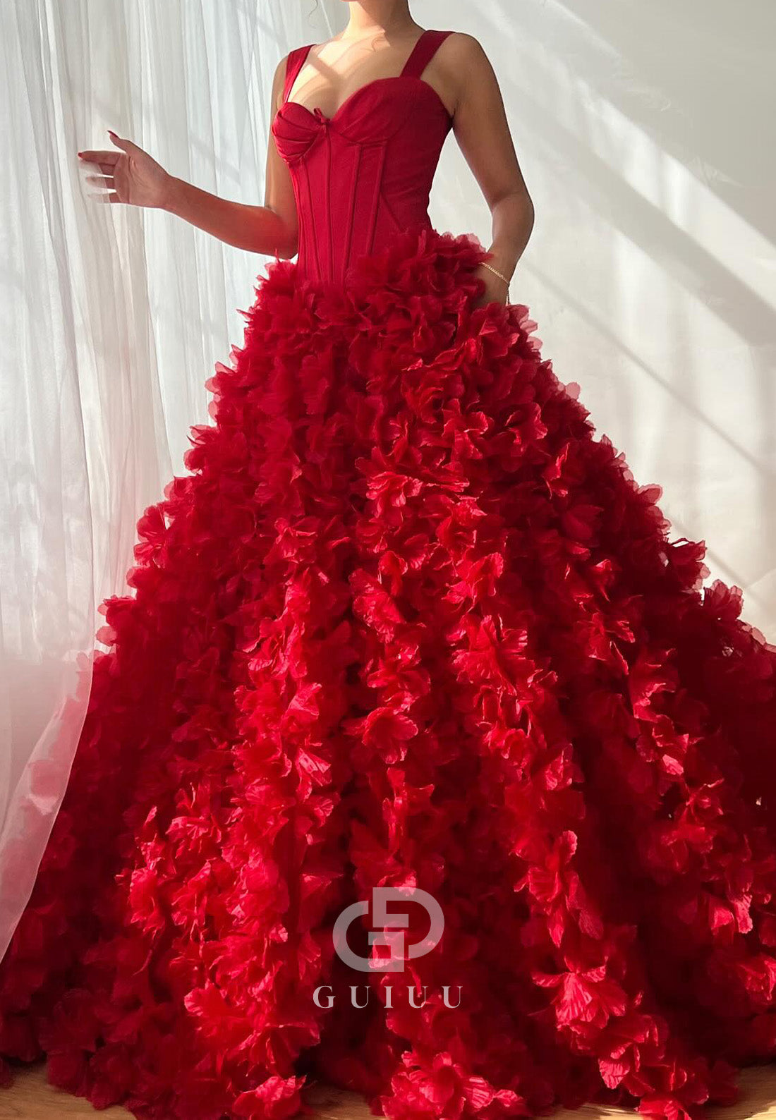 Red Spaghetti Straps Scoop Ruffles A-Line Evening Dress