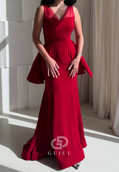 Red Spaghetti Straps V-Neck Ruched Evening Dress