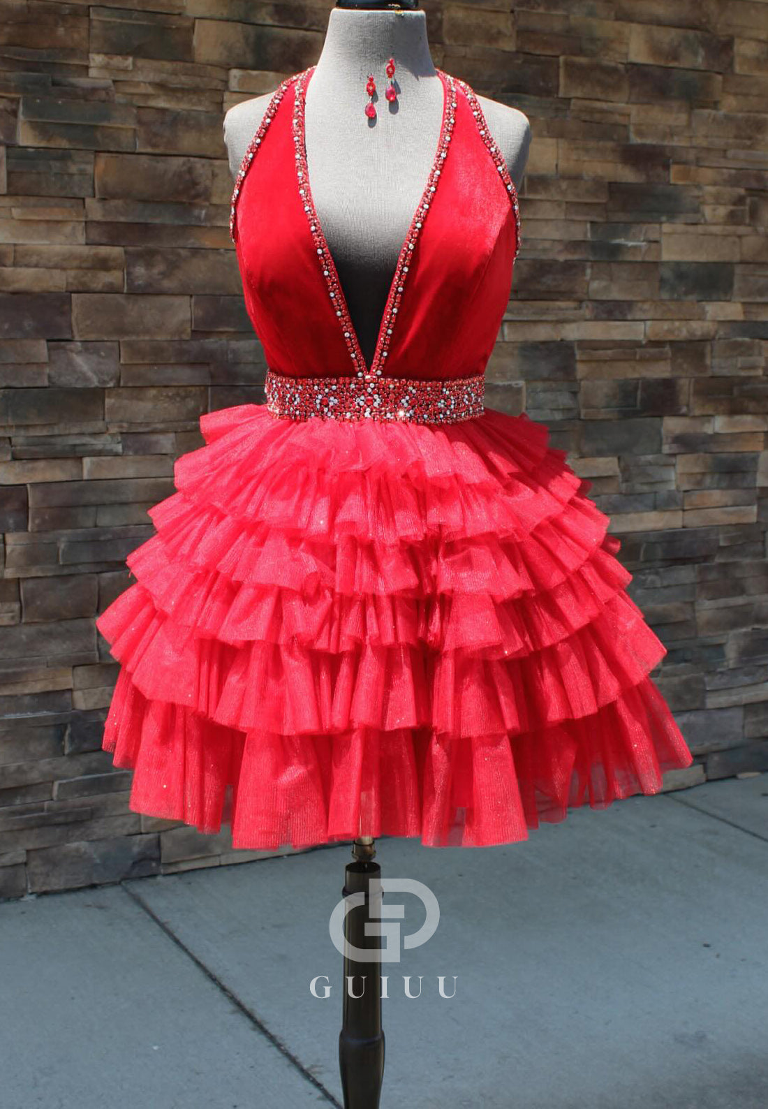 Red Spaghetti Straps V-Neck Ruffles Homecoming Dress