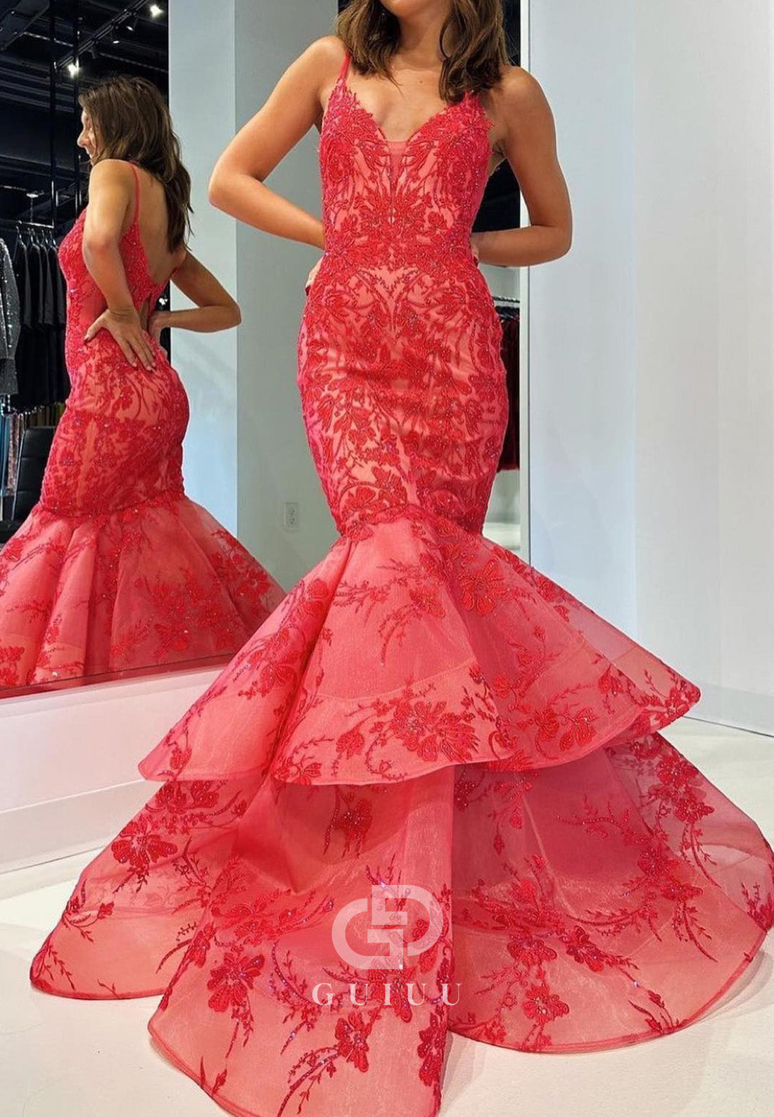Red Spaghetti Straps V-Neck Ruffles Mermaid Prom Dress