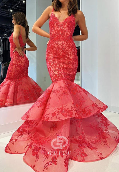 Red Spaghetti Straps V-Neck Ruffles Mermaid Prom Dress