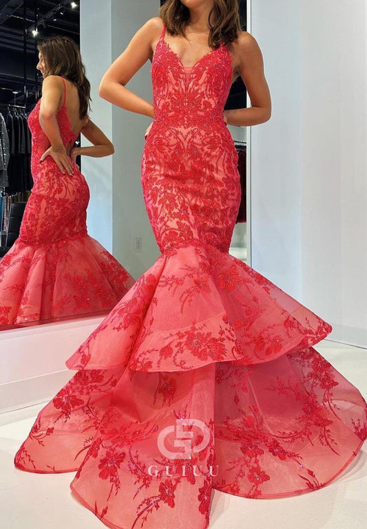Red Spaghetti Straps V-Neck Ruffles Mermaid Prom Dress