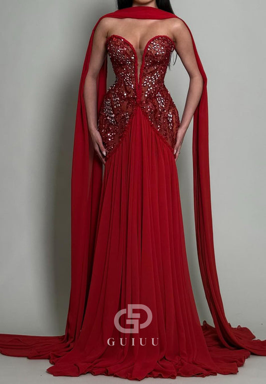 Red Strapless Sleeveless Appliques Sequins Evening Dress