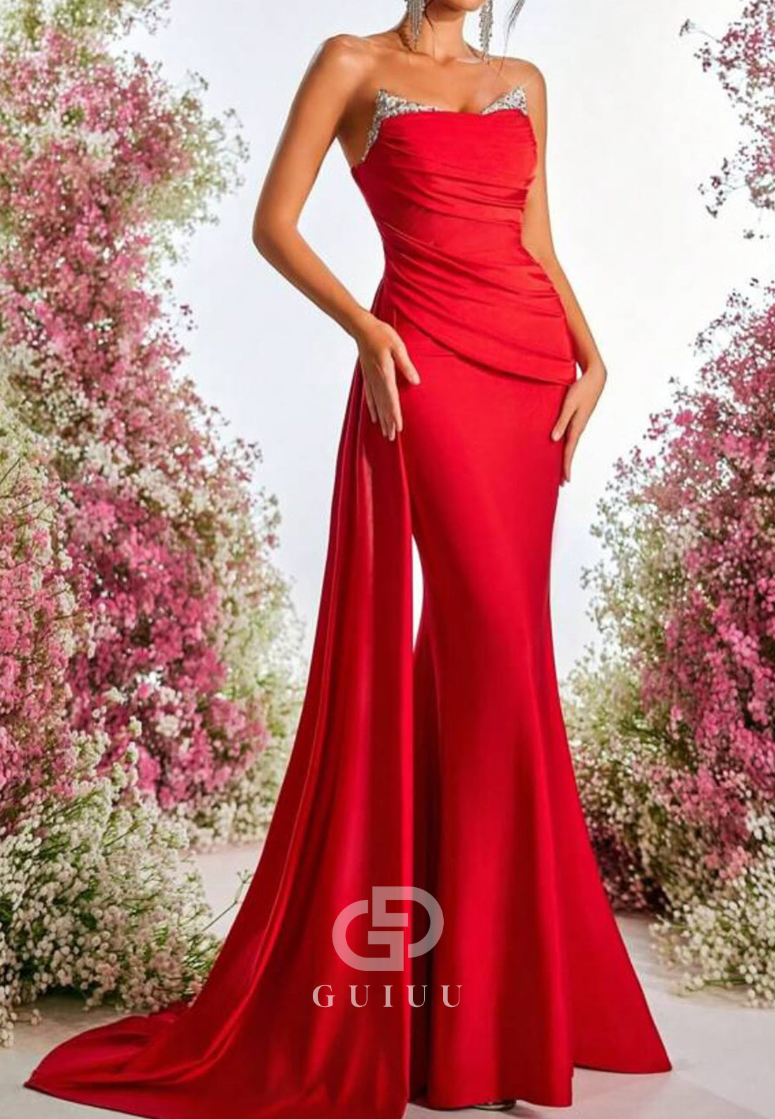 Red Strapless Sleeveless Ruched Mermaid Evening Dress