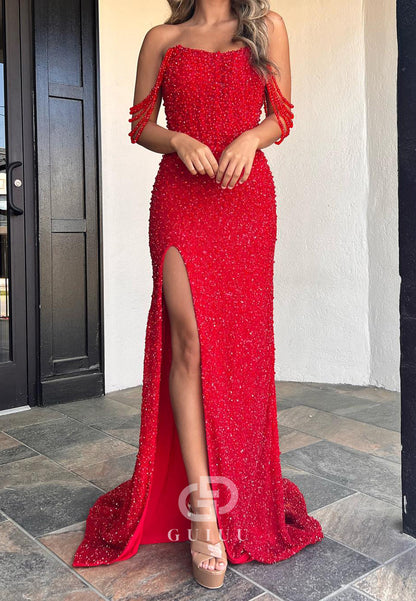 Red Strapless Sleeveless Sequins Slit Prom Dress