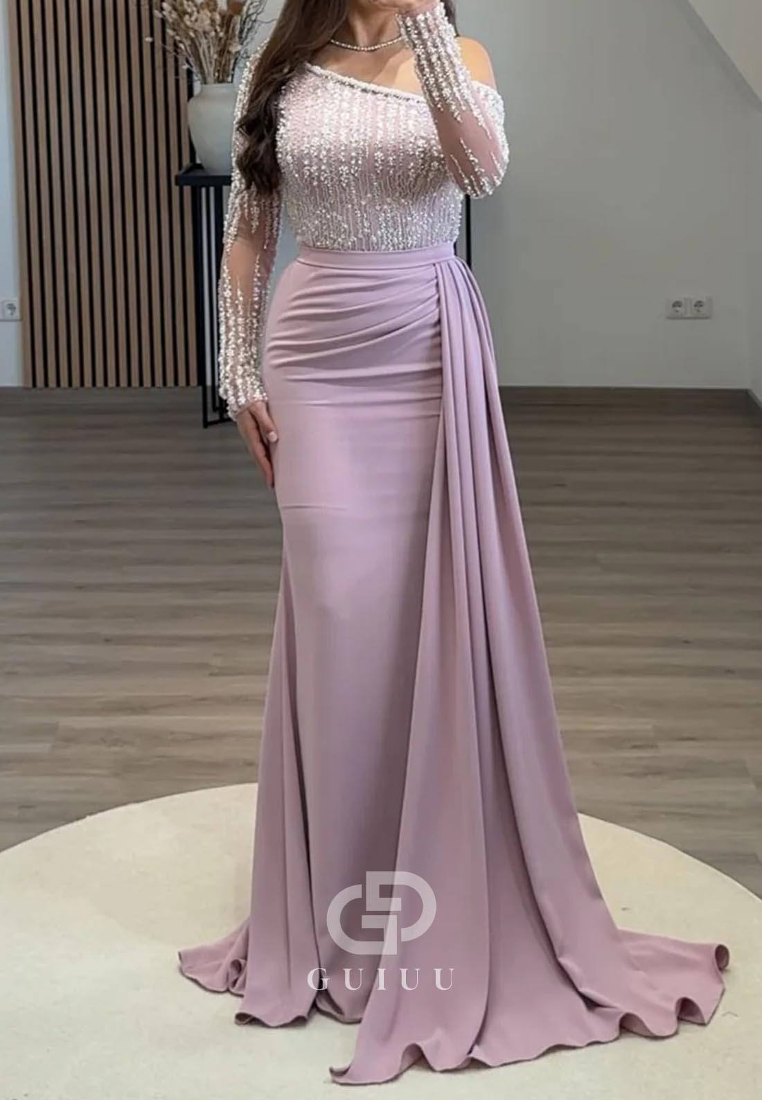Mermaid One Shoulder Long Sleeves Ruched Evening Dress