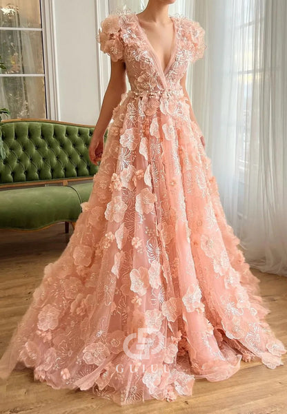 Pink A-Line Dress with V-Neck  Embroidery and Short Cap Sleeves Evening Dress