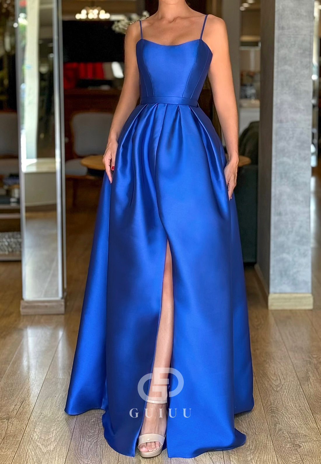 Royal Blue A-Line Spaghetti Straps Sweetheart Slit Evening Dress
