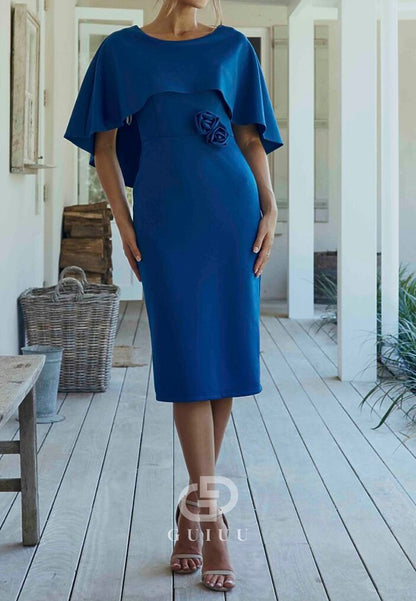 Royal Blue Cape Scoop Floral Appliques Short Mother of the Bride Dress