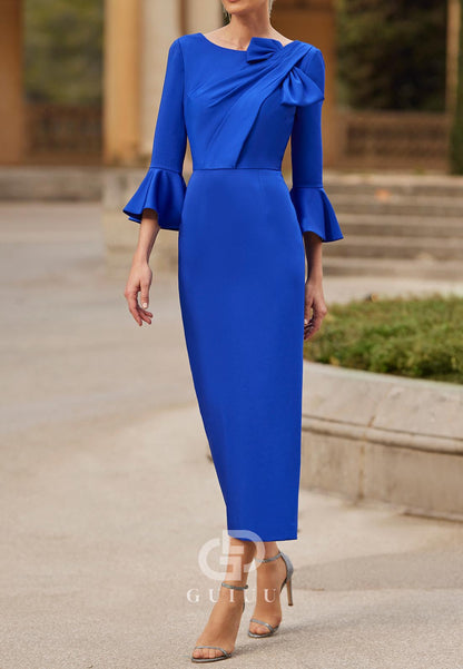 Royal Blue Half Sleeves Scoop Ruched Ankle-Length Mother of the Bride Dress