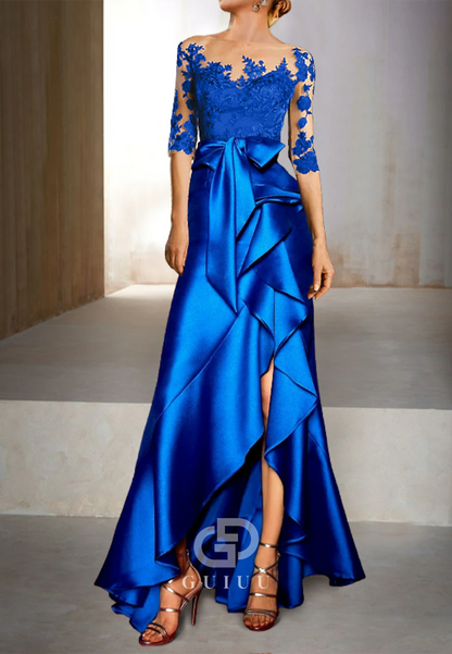 Royal Blue Half Sleeves Scoop Ruched Appliques Cocktail Evening Dress