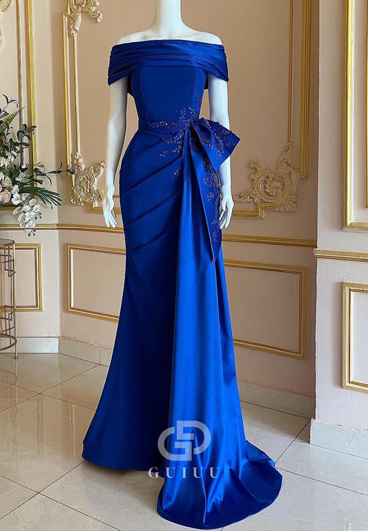 Royal Blue Off-Shoulder Appliques Ruched Evening Dress