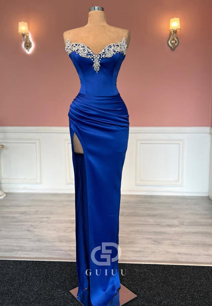 Royal Blue Sleeveless Strapless Prom Dress with Beads Slit Evening Party Dress