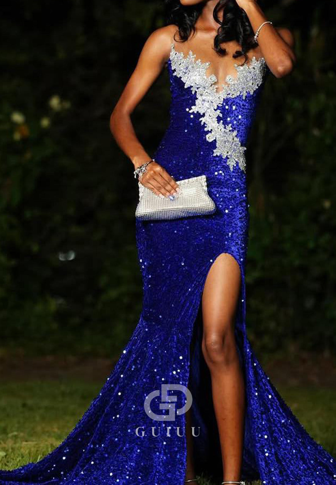 Royal Blue Sleeveless Strapless Slit Sequins Prom Dress