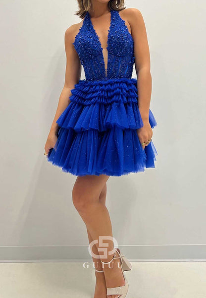 Royal Blue Spaghetti Straps Sleeveless Ruffles Homecoming Dress