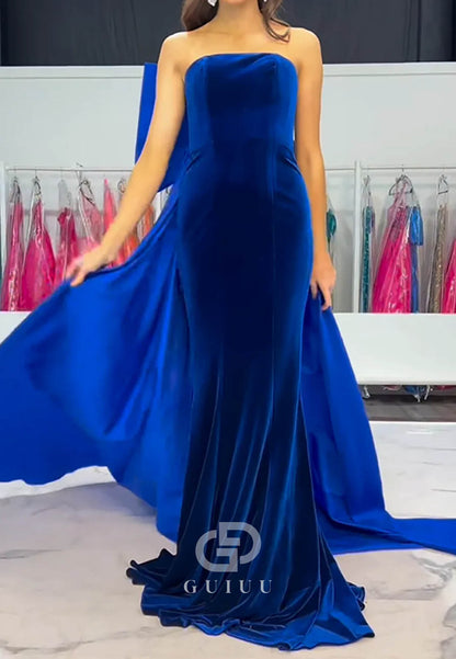Royal Blue Strapless Mermaid Velvet Long Prom Dress with Bow