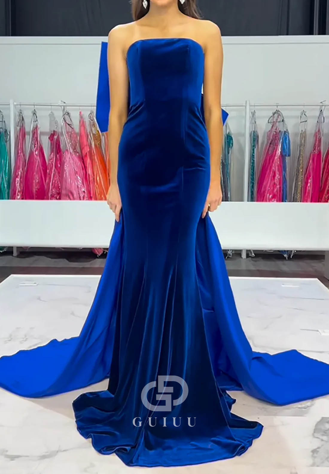 Royal Blue Strapless Mermaid Velvet Long Prom Dress with Bow