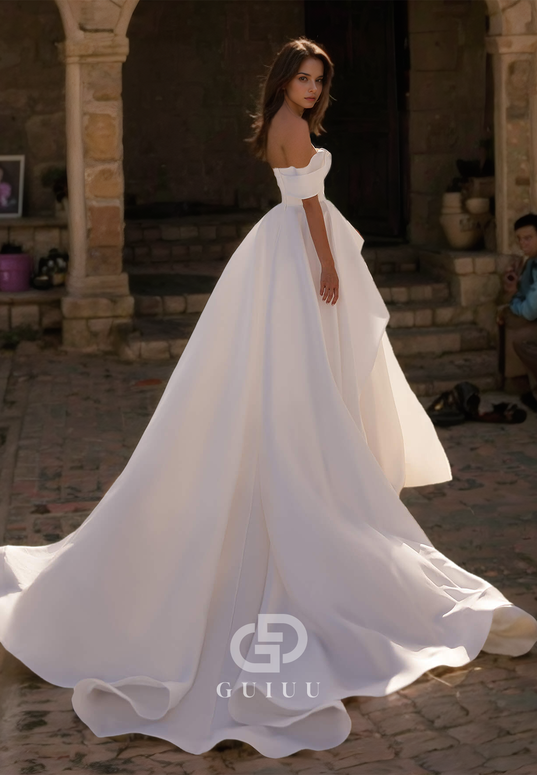 Ruffles Asymmetrical  A-Line Sweep Train Strapless Wedding Dress