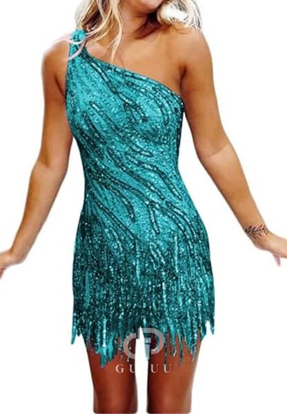 Charming A-Line One ShoulderSleeveless Sequins Short Homecoming Dress
