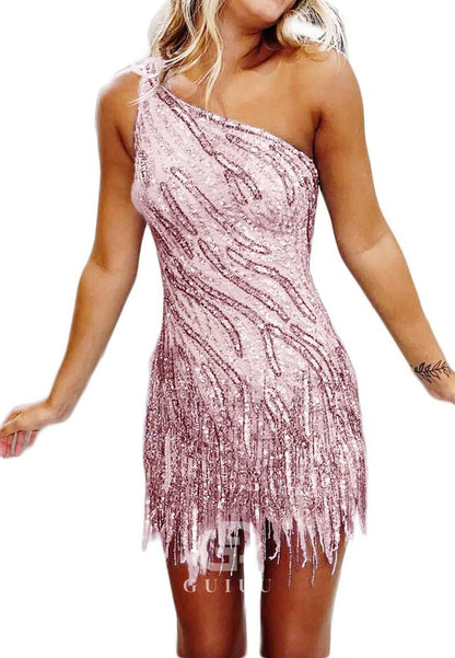 Charming A-Line One ShoulderSleeveless Sequins Short Homecoming Dress