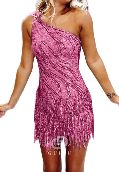 Charming A-Line One ShoulderSleeveless Sequins Short Homecoming Dress