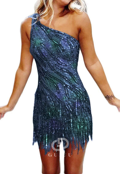 Charming A-Line One ShoulderSleeveless Sequins Short Homecoming Dress