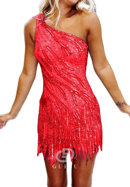 Charming A-Line One ShoulderSleeveless Sequins Short Homecoming Dress