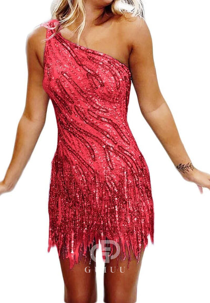 Charming A-Line One ShoulderSleeveless Sequins Short Homecoming Dress