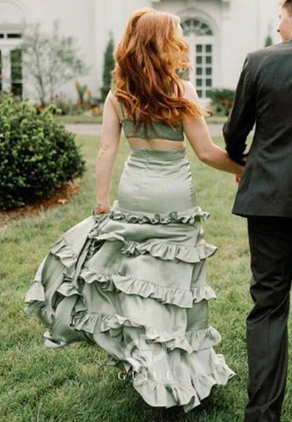 Dusty Sage A Line Keyhole Ruffle Long Prom Party Dress with Slit