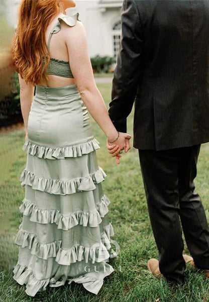 Dusty Sage A Line Keyhole Ruffle Long Prom Party Dress with Slit