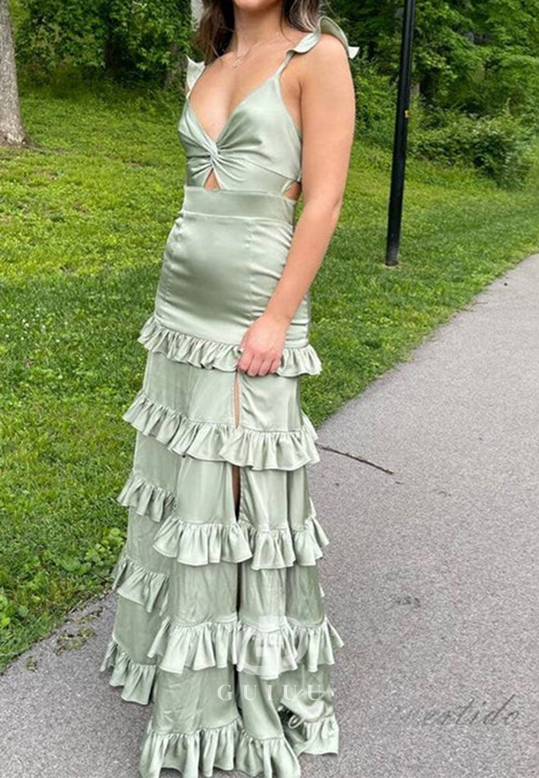 Dusty Sage A Line Keyhole Ruffle Long Prom Party Dress with Slit