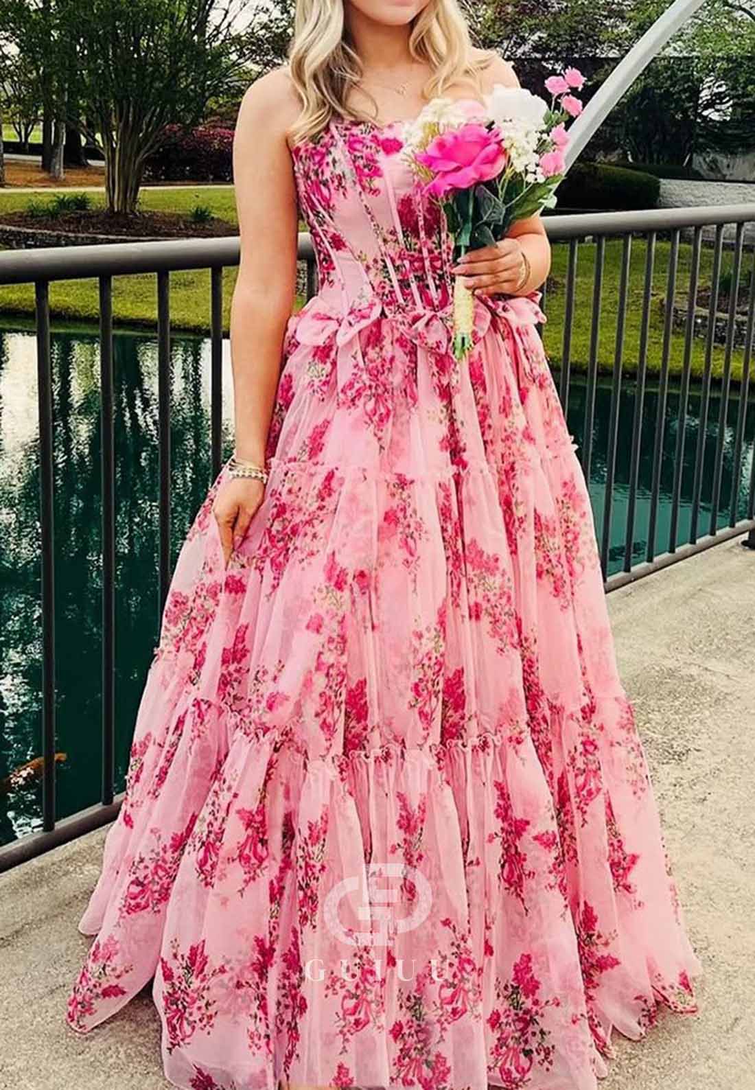 Pink Strapless Chiffon A-Line Floral Tiered Prom Dress With Bow