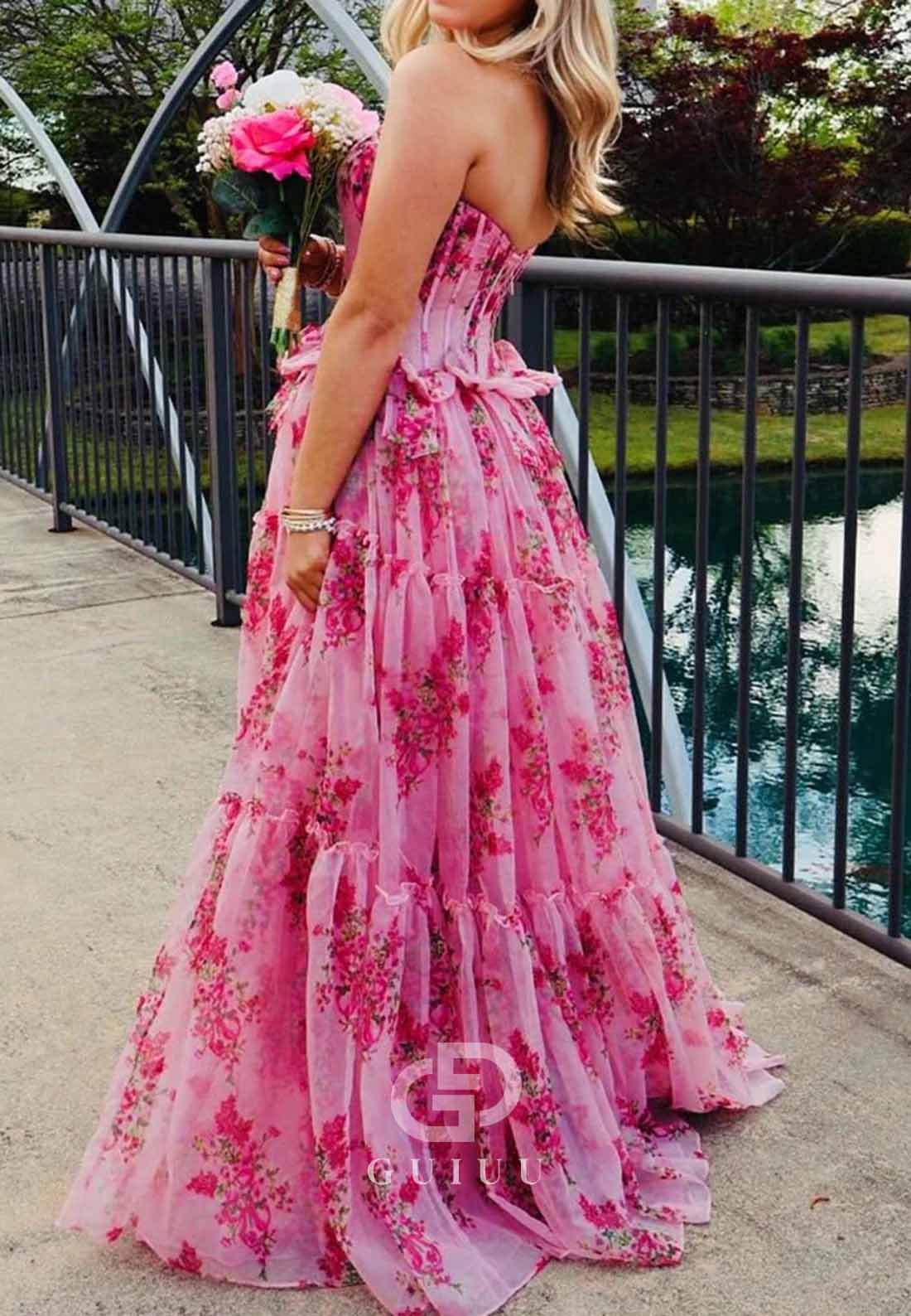 Pink Strapless Chiffon A-Line Floral Tiered Prom Dress With Bow