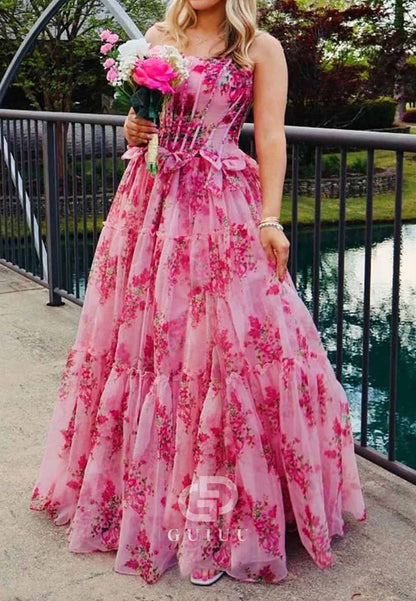 Pink Strapless Chiffon A-Line Floral Tiered Prom Dress With Bow