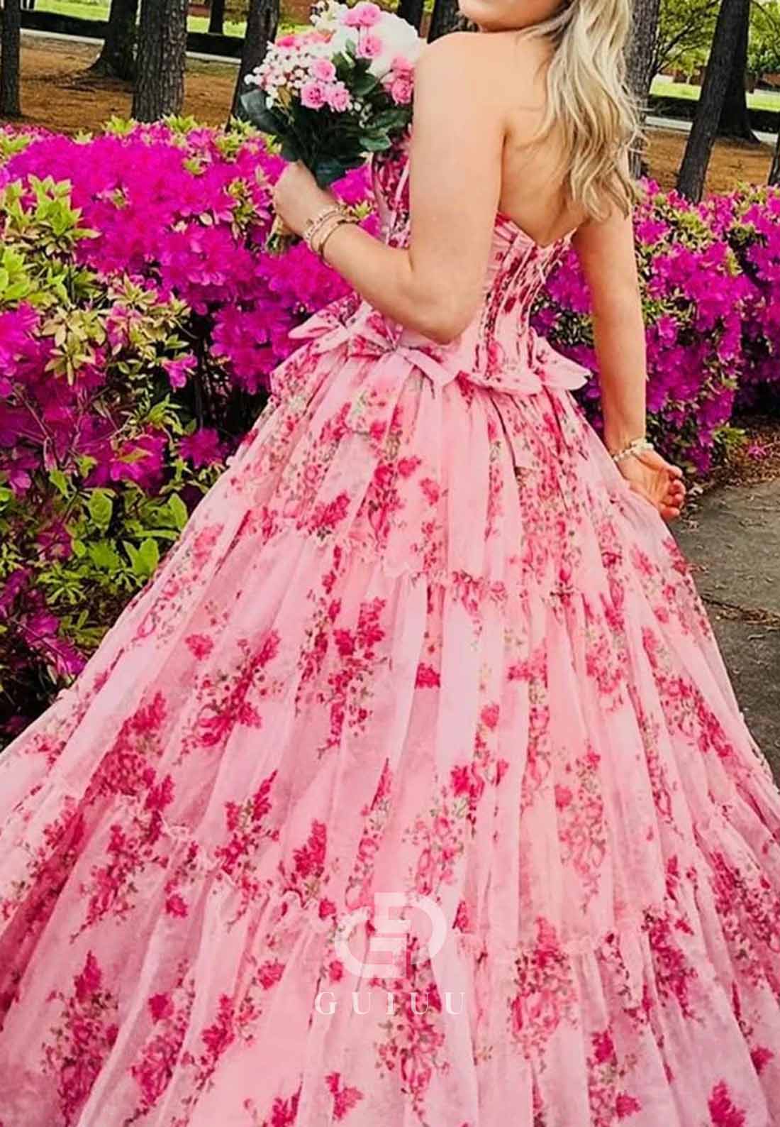 Pink Strapless Chiffon A-Line Floral Tiered Prom Dress With Bow