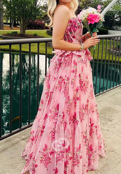 Pink Strapless Chiffon A-Line Floral Tiered Prom Dress With Bow