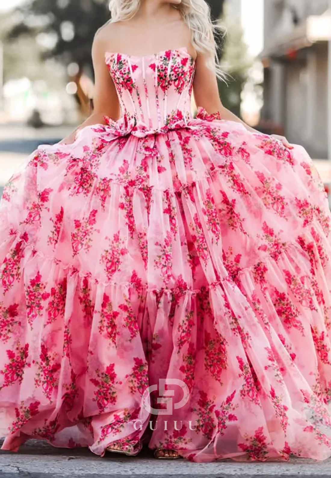 Pink Strapless Chiffon A-Line Floral Tiered Prom Dress With Bow