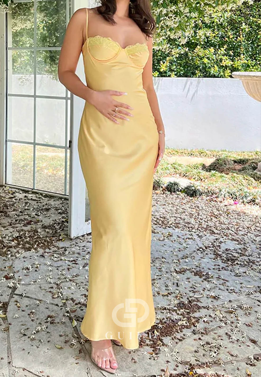 Daffodil Spaghetti Strap Lace Long Satin Prom Dress