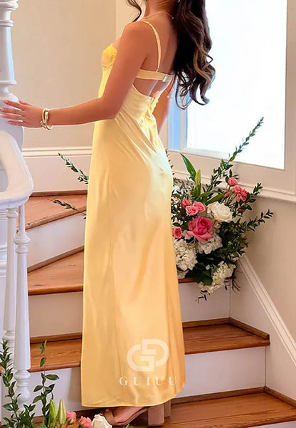 Daffodil Spaghetti Strap Lace Long Satin Prom Dress